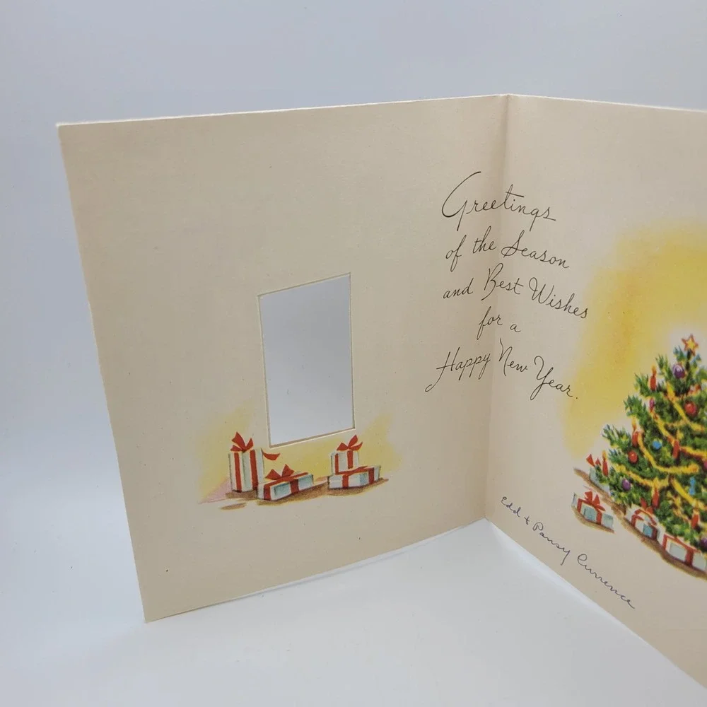 Vintage Christmas Card Season's Greetings Decorated‎ Tree Window Unused